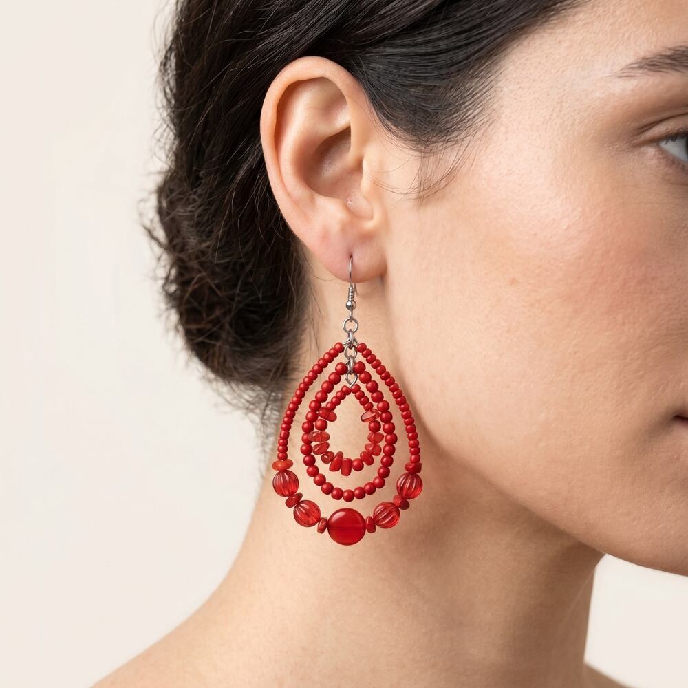 3/$25 - Red Beaded Statement Earrings Layered Teardrop Dangle